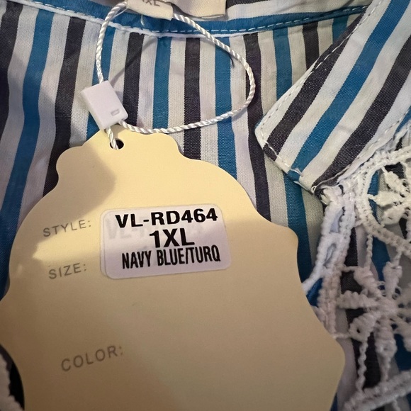 Velzera Turquoise & Navy striped tunic w/white lace 1XL - Picture 3 of 3
